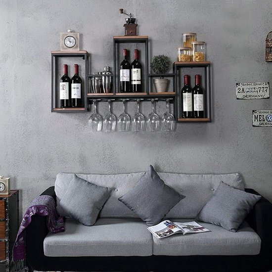 Vintage wandrek, houten bar, wijnflessenhouder, rustiek + glashouder, wandmontage, wijnrek, wandmontage, decoratie, metalen hangrek — afbeelding 2
