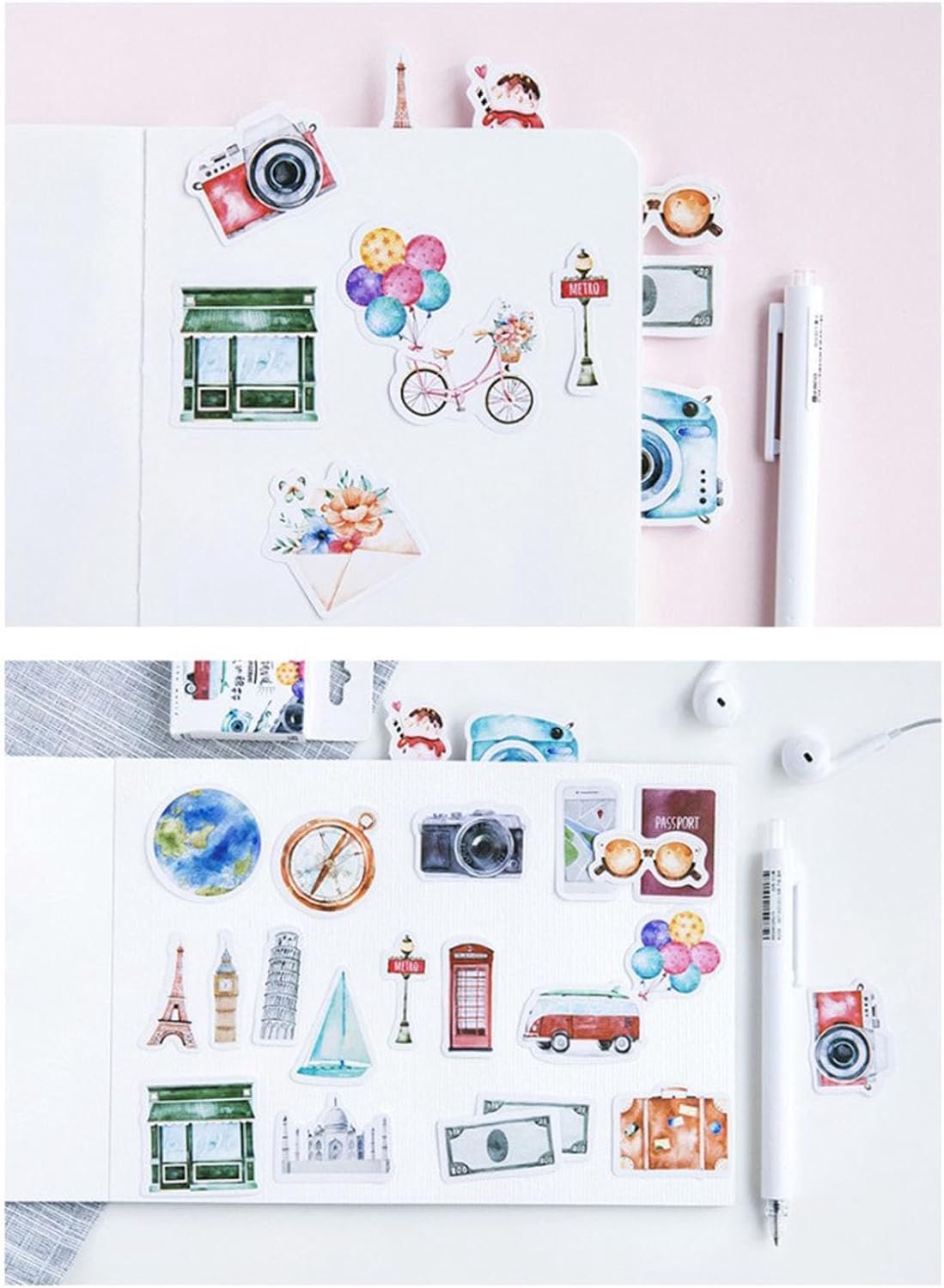 Srliya 46pcs Reisstickers, Diverse Ontwerpen, Doe -het -zelf -decoratieve Stickers voor Plakboek, Albums, Gemaakt van Zelfklevend Papier