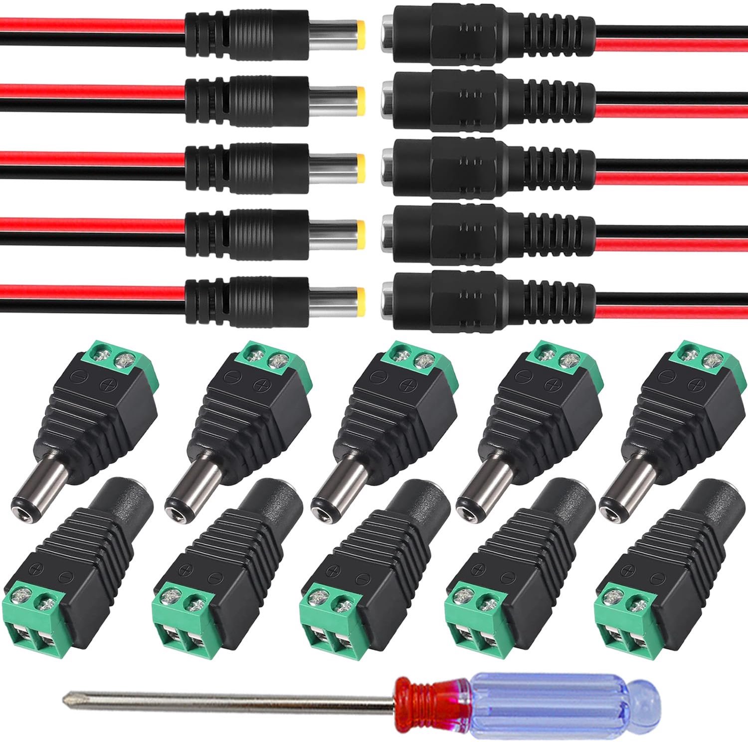 5 paar 12V DC voedingsconnector + 5 paar 26AWG DC Power Pigtail kabel