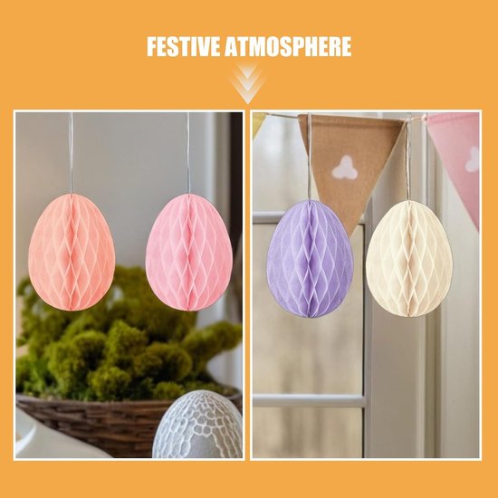 12 Stuks Delige Papieren Honingraat Eierdecoraties Hangende Pastelkleurige Eieren voor Paasfeest Kerstboomversiering Verjaardag Nieuwjaar Eenvoudig Hangen Herbruikbaar — afbeelding 4