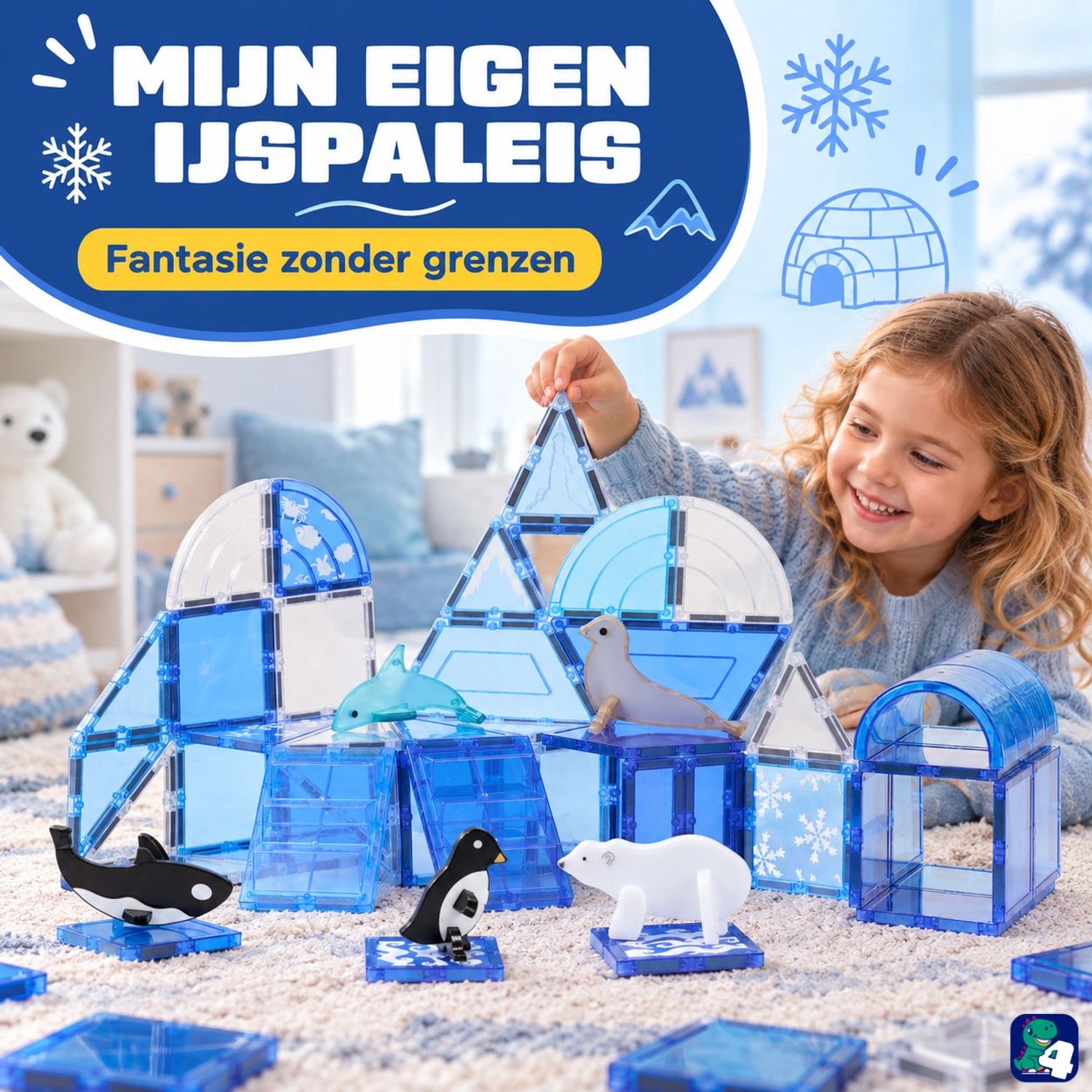 Fits4Kids® Magnetic Tiles 56 Stuks - Magnetische Bouwtegels - STEM Speelgoed voor Creatief Bouwen - Magnetisch Speelgoed - Magna Bouwstenen - Frozen Constructions - 3 4 5 6 7 8 9 Jaar — afbeelding 2