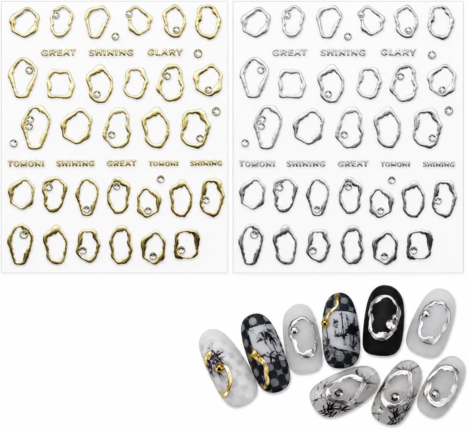 2 Vellen Nagelstickers Nail Art Stickers Onregelmatige Ring Vorm 3D