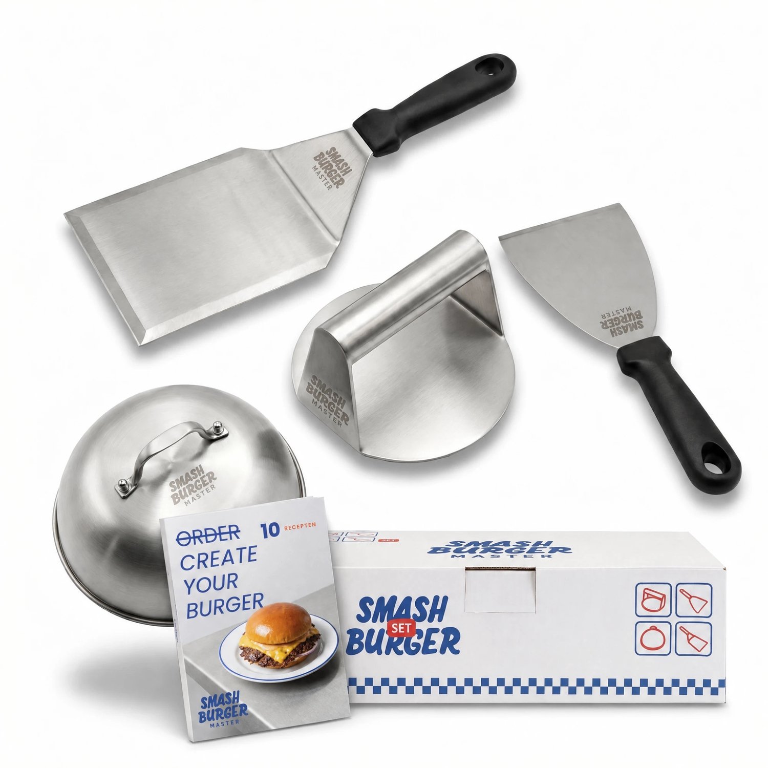 Smashburger Master® - The Smash Burger Set – Inclusief Fysiek receptenboek - Vaatwasserbestendig - BBQ - smash burger press - 5-delig - smash burger set – RVS – Cadeau tip - BBQ Spatel - Melting dome - BBQ Accessoire - hamburger pers - spatel set BBQ