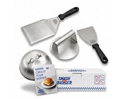 Smashburger Master - The Smash Burger Set – Inclusief Fysiek receptenboek - BBQ - smash burger press - 4-delig - smash burger set – RVS – BBQ Spatel - Melting dome - BBQ Accessoire – Cadeau tip - smash burger press - hamburger pers - spatel set BBQ