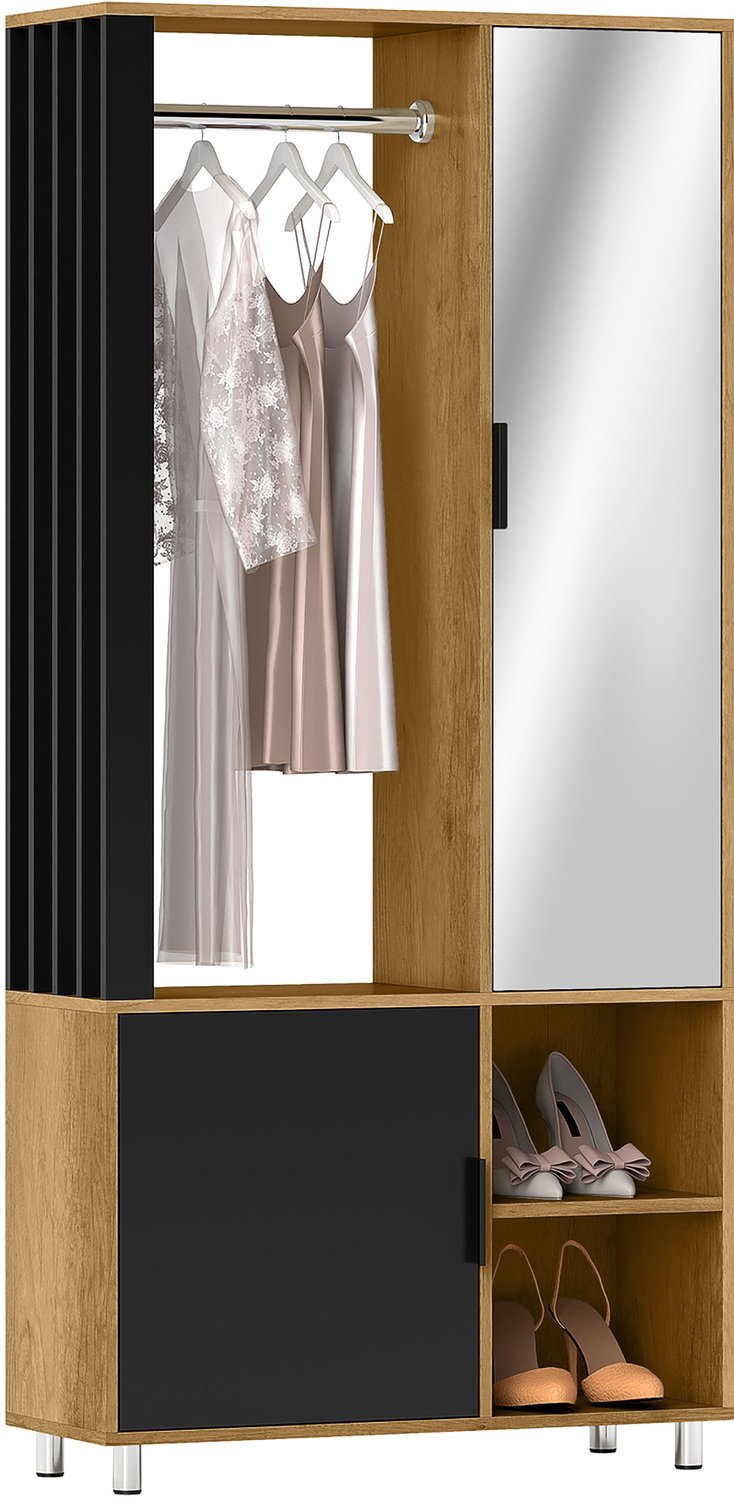 ECTEATOY Kledingkast met spiegel - kledingroede en 2 open vakken - 80x30x170 cm - MDF - Naturel Zwart