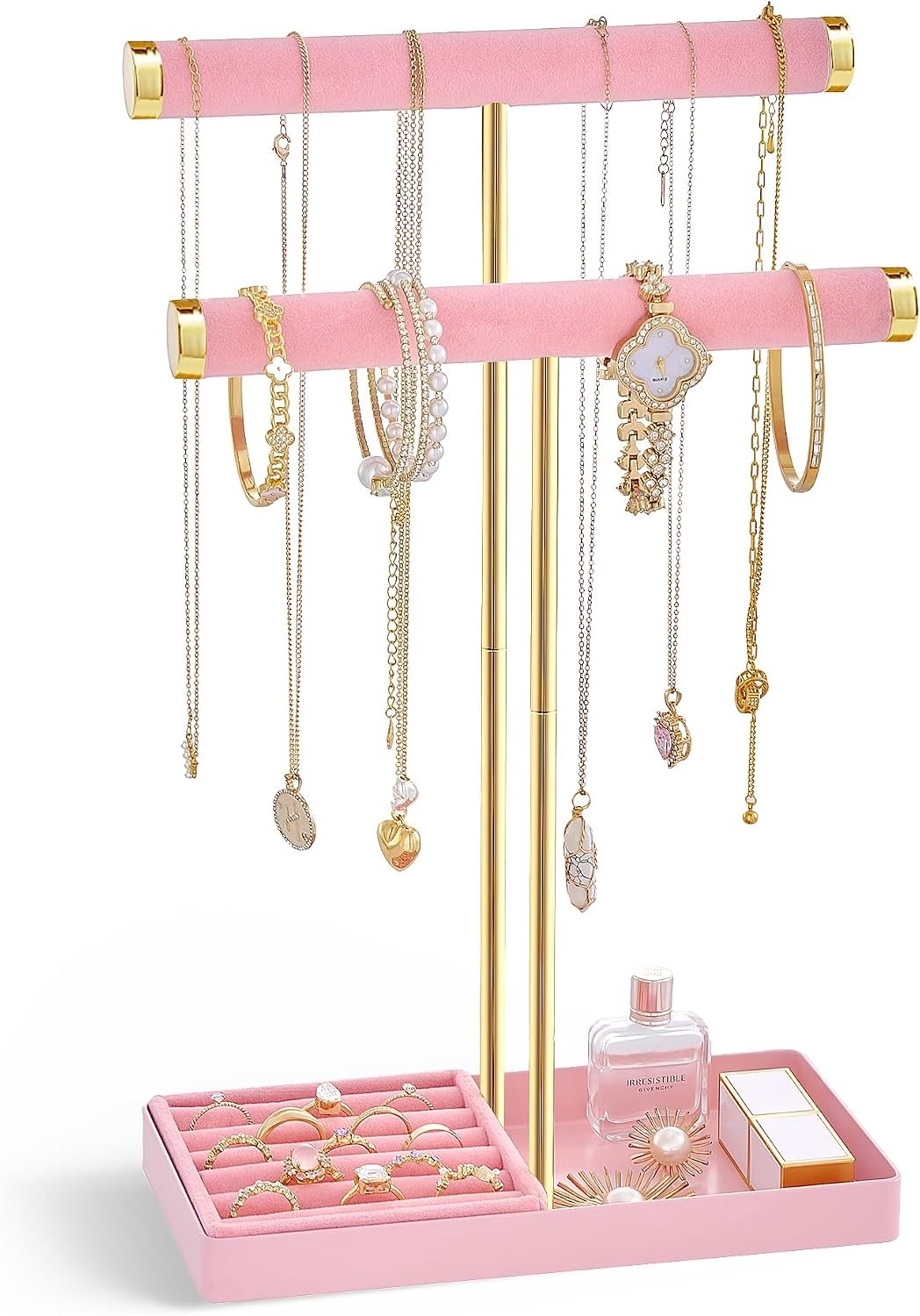 Lolalet Jewellery Stand, 2 Levels, Jewellery Stand Covered with Velvet with Ceramic Base for Bracelet, Necklace - ShopVlot