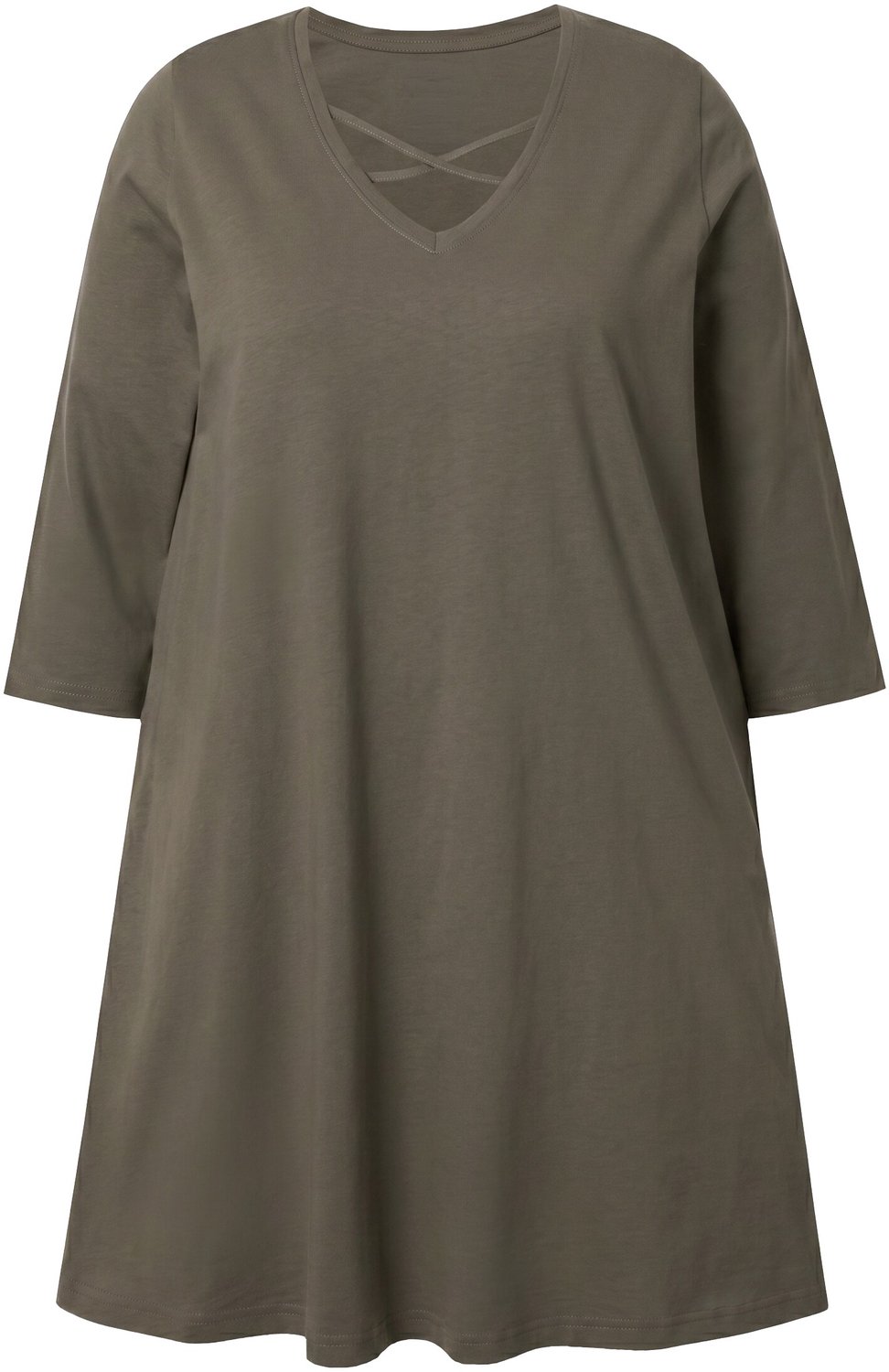 Ulla Popken - Dames - Longshirt sierbanden A-lijn V-hals 3/4-mouwen - Olijfgrijs - Maat 50+