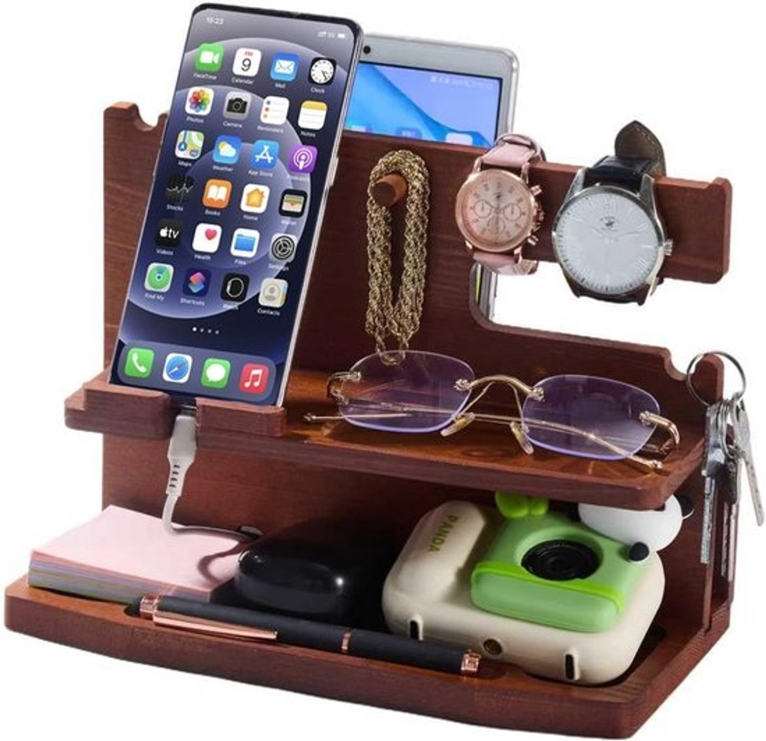Houten telefoondockingstation en organizer voor mannen - bureau en nachtkastje