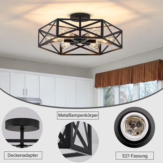 Vintage Plafondlamp Zwart 6 lichten E27, Industrieel Stijl Half Ingebouwd Metaal, Modern Kooi Lichtarmatuur voor Keuken, Gang, Slaapkamer, Woonkamer en Entree — afbeelding 5