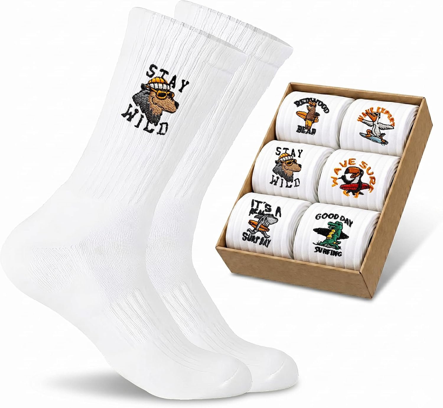 6 paar sokken met borduurpatroon, witte sportsokken voor dames en heren, ademende katoenen sokken met motief (dieren/eten/kunst)