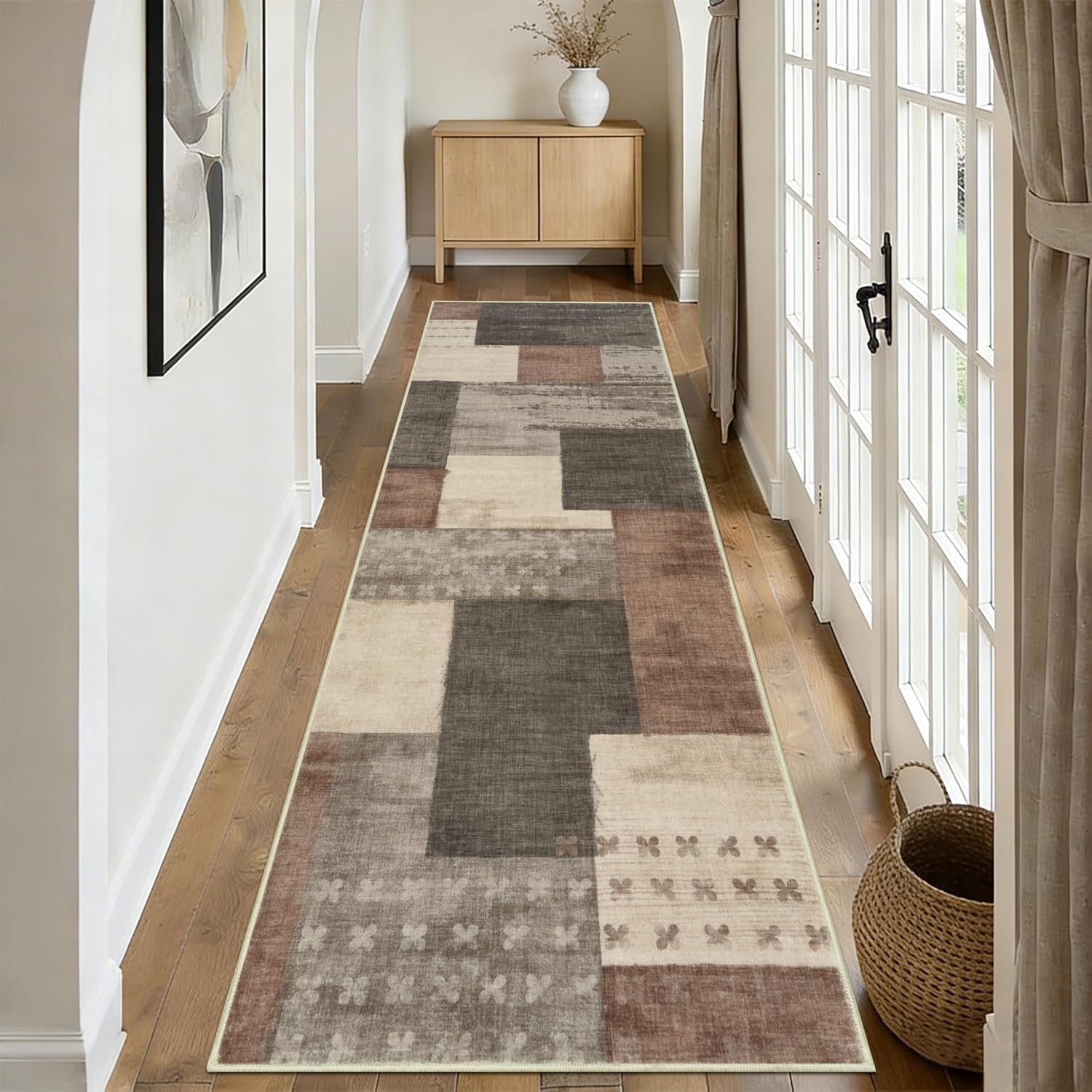 Modern geometrisch patchwork tapijt, loper, beige, 80 x 200 cm, wasbaar keukentapijt, distressed, antislip, tapijtloper voor ingang, badkamer, bijkeuken, slaapkamer