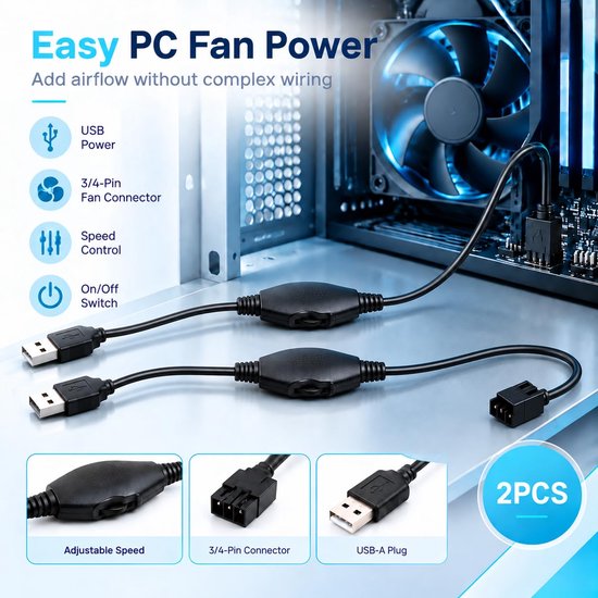 2 stuks 12 V opwaartse USB naar 3-polige en 4-polige pc-ventilator, ommantelde voedingskabel, adapterkabel met schakelaar, toerentalregelaar voor computer, ventilator, koeling, elektronische apparaten — afbeelding 4