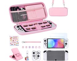 Younik Schakelaar OLED Accessoires Bundel, 15 in 1 Roze Schakelaar OLED Accessoires Kit Inclusief Schakelaar Draagtas met 9 Game Kaartsleuven, Verstelbare Stand, Beschermhoes voor Schakelconsole & J-Con