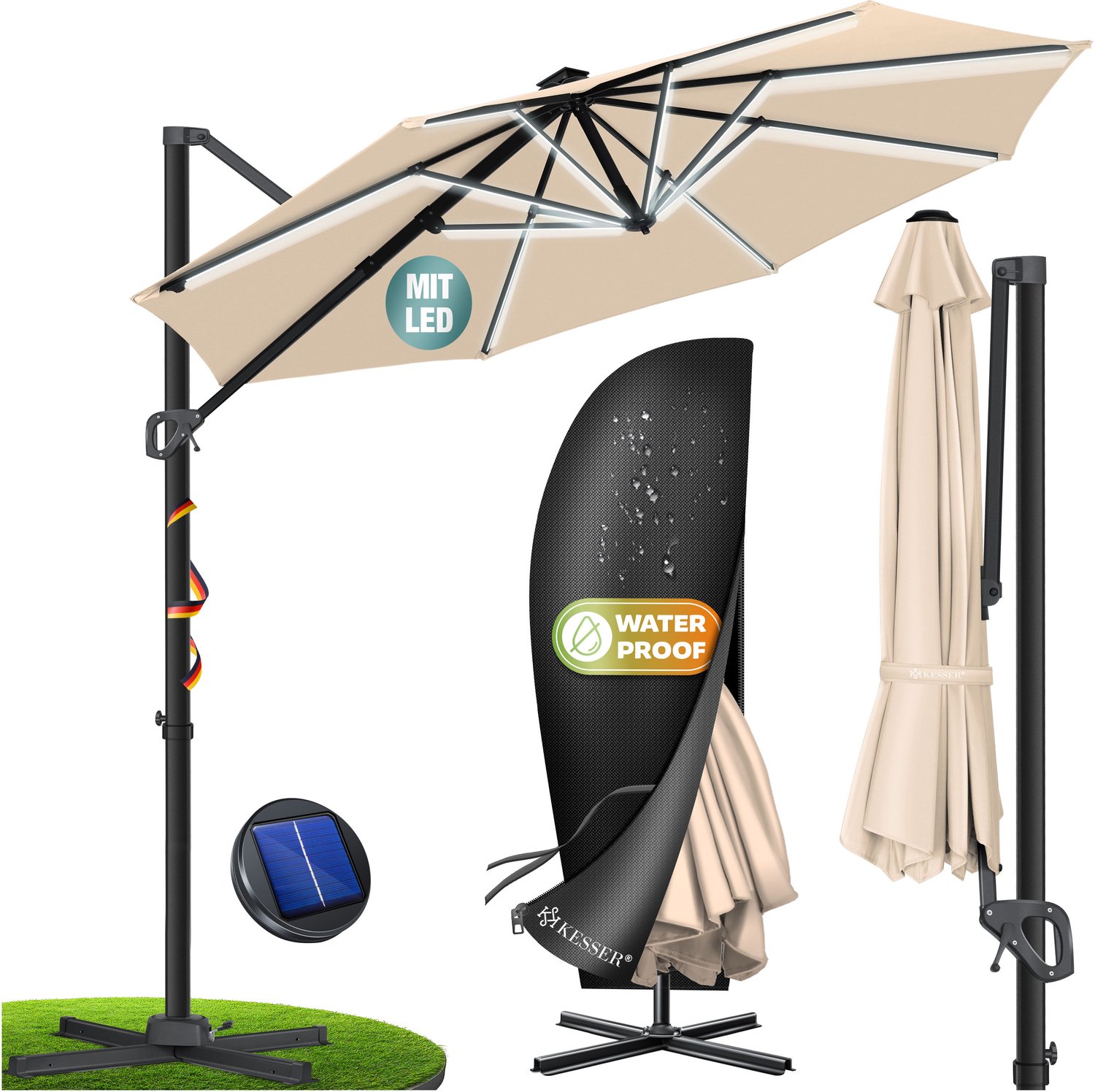 KESSER® SUN Zweefparasol XL Ø330 cm met LED Solar Verlichting - Parasol Inclusief Beschermhoes 360° Draaibaar UV50+ Tuinparasol Zonne-energie - Beige