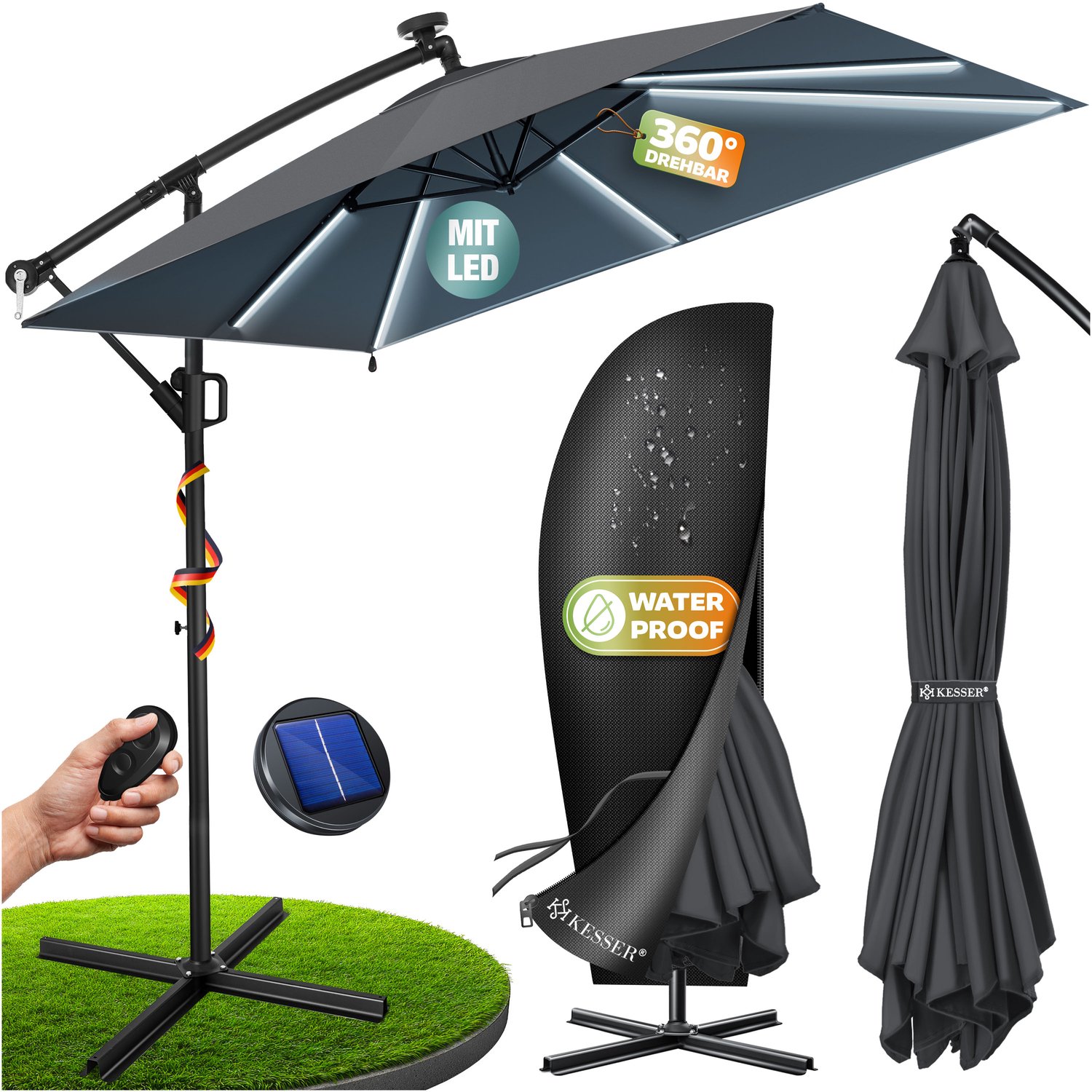 KESSER® Parasol Holly Rechthoekig + Hoes + Windbescherming met zwengel Zwengel Paraplu met standaard UV-bescherming Aluminium Waterafstotend Ø250cm Paraplu Tuinparasol Marktparasol - Met LED, Antraciet