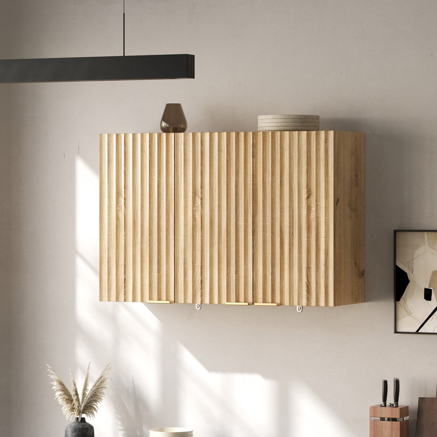 Keukenkast - Wandmontage Met 3 Deuren - Gesloten Opbergruimte Voor Keuken En Badkamer - MDF - 90 x 29 x 60 cm - Natuurlijk