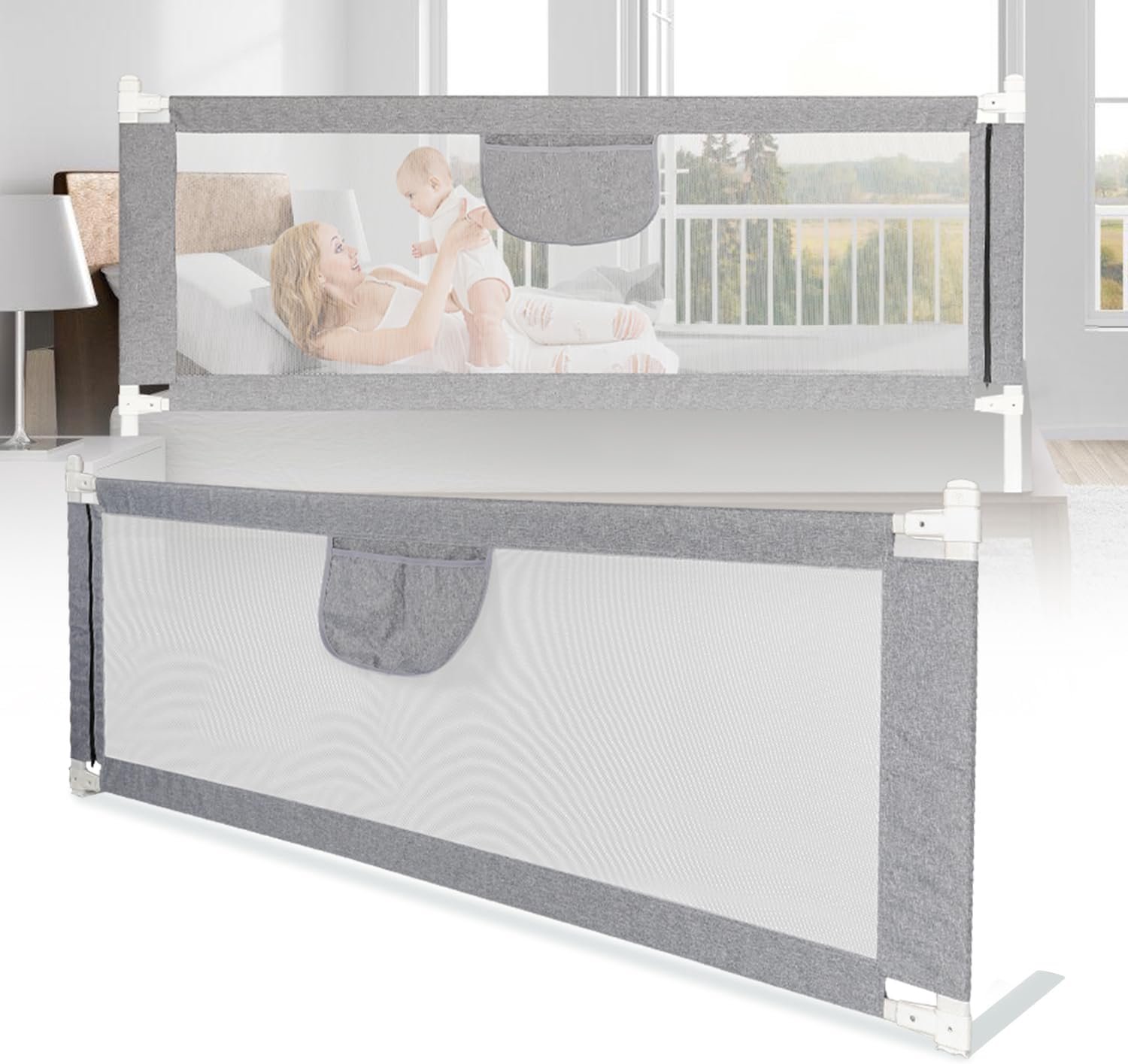 Bedhekje van 150 cm, uitvalbeveiliging, in hoogte verstelbaar, 64-96 cm, bedbeschermingshek, kinderbedhek met luchtig net, voor kinderen en ouderbedden, stabiel, grijs