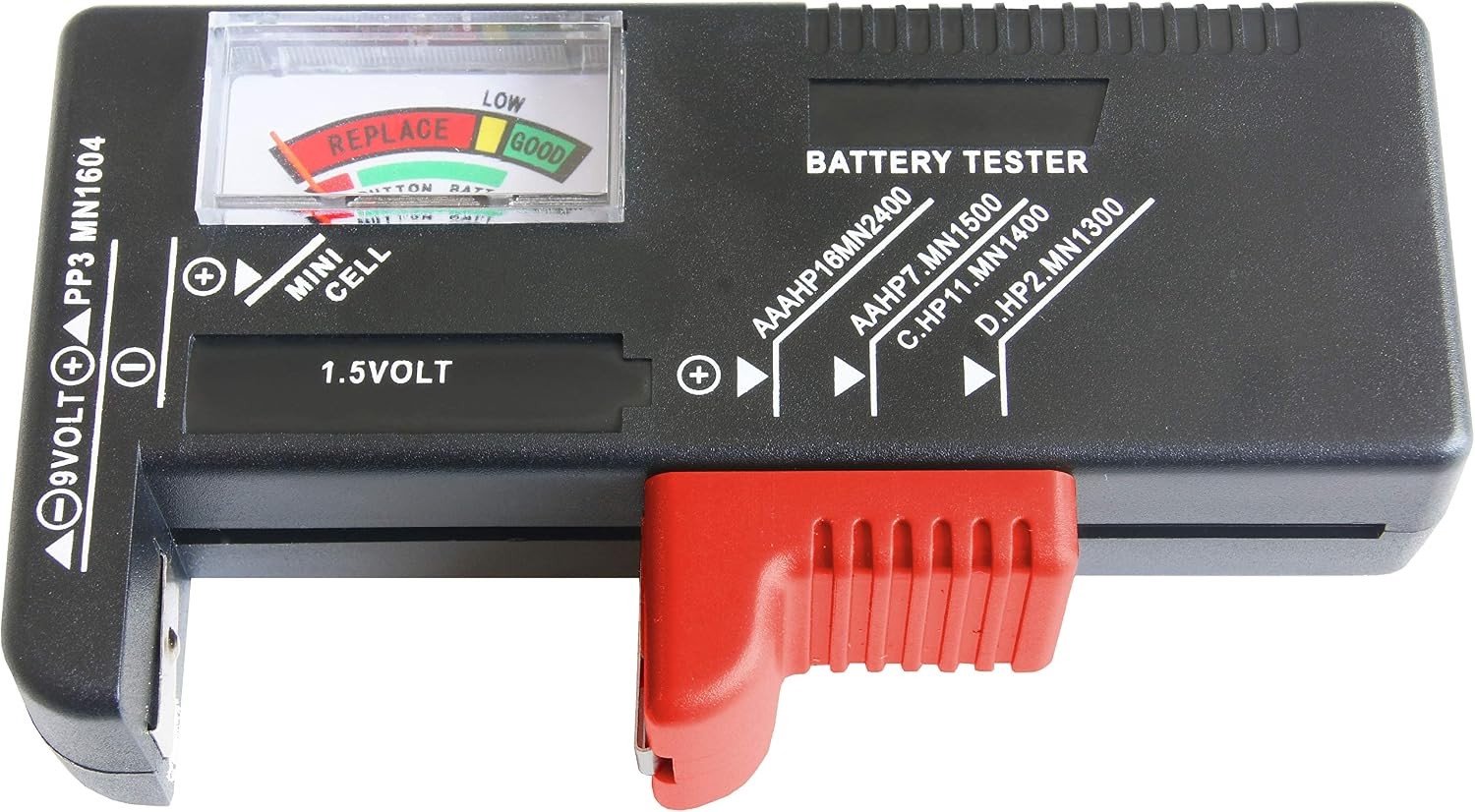 Batterijtester - Analoge Weergave - Voor 1,5 Volt & 9 Volt Batterijen - Geschikt voor AAA, AA, C, D en Knoopcellen - Eenvoudig in Gebruik