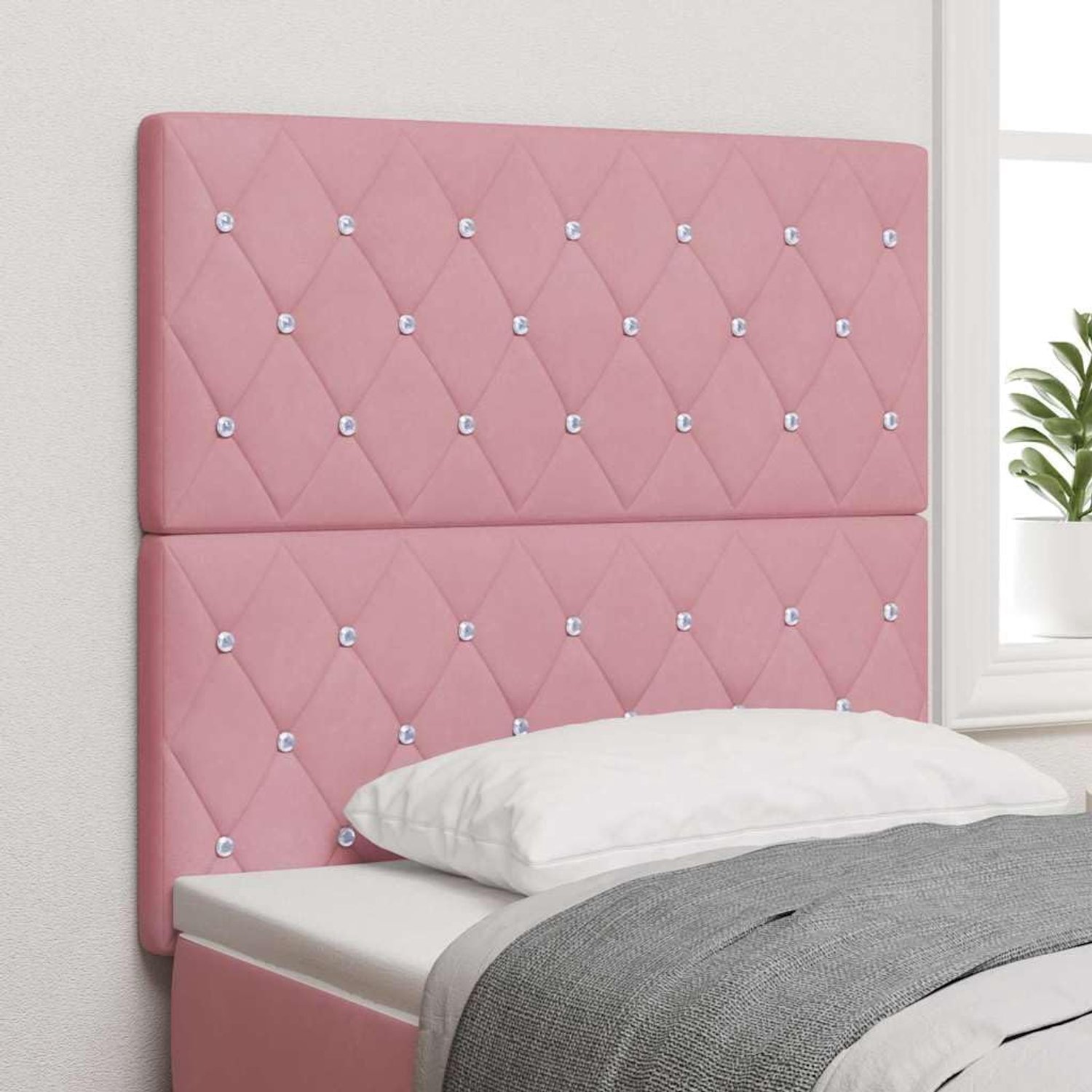 Modern hoofdeinde van roze fluweel, 100 cm, rechthoekig, van fluweel en massief grenen, in hoogte verstelbaar, eenvoudige montage, ideaal voor de slaapkamer