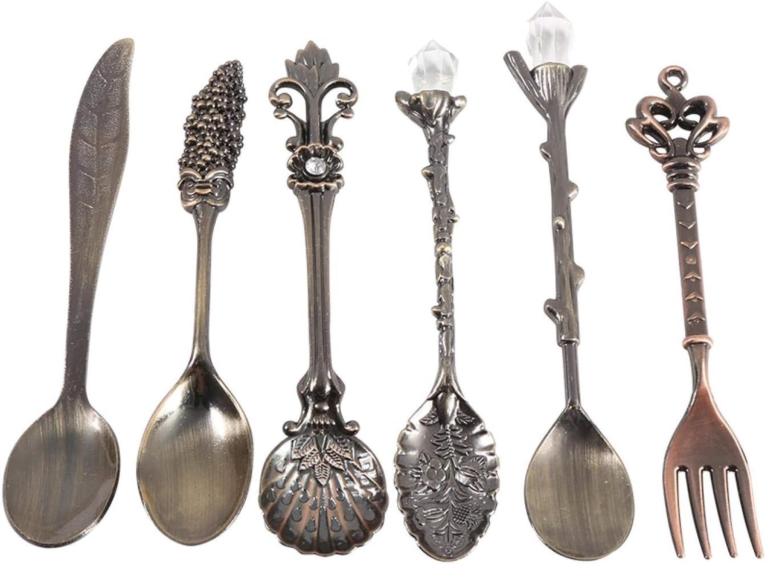 koffielepels, vintage koninklijke stijl zinklegering materiaal metaal 3d patroon mini en vork keuken fruit koffie accessoires met aanhoudende charmante 6 stks/set(Groen brons)
