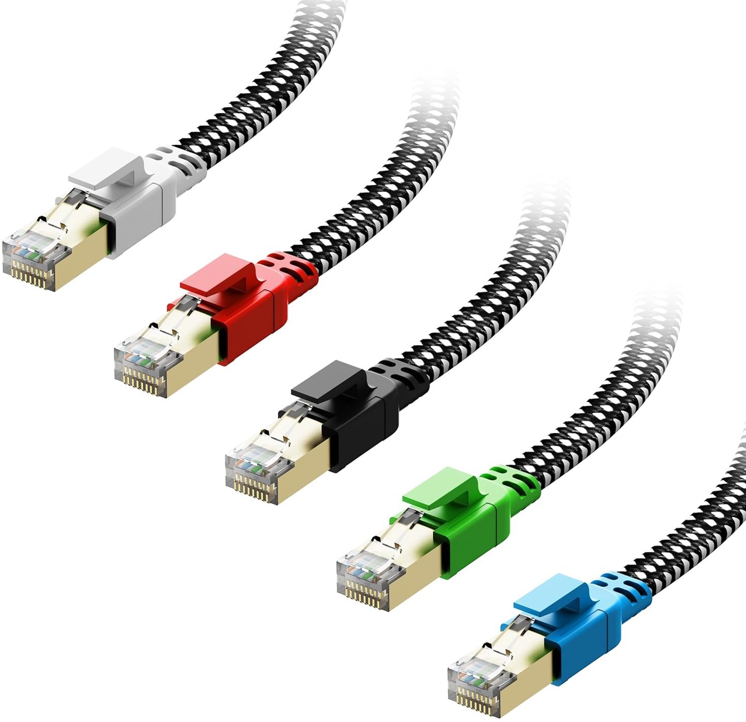Cat 8 Ethernet-kabel 0,5 m, 5 stuks, meerkleurig, nylon gevlochten hogesnelheids zwaar netwerk LAN-patchkabel, 40 Gbps 2000 Mhz RJ45 platte internetkabel afgeschermd in muur, binnen en buiten voor