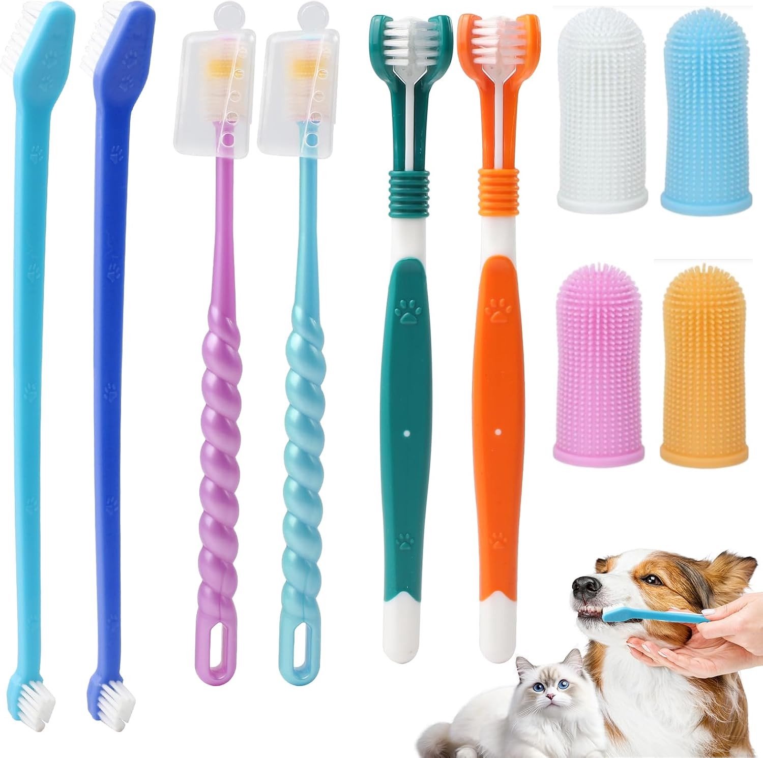 Complete Tandverzorgingsset voor Huisdieren met 2 Driehoofdige Tandenborstels, 2 Lange Handvatten en 4 Vingerborstels voor Honden en Katten, Ideaal voor Medium en Grote Dieren
