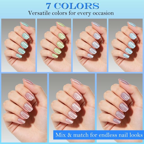 210 Stuks Glossy Cat Eye Kunstnagels Kort - 7 Kleuren Roze & Gradiënt Vierkante Plaknagels voor Dames en Tiener (Macaron-kleuren) — afbeelding 4