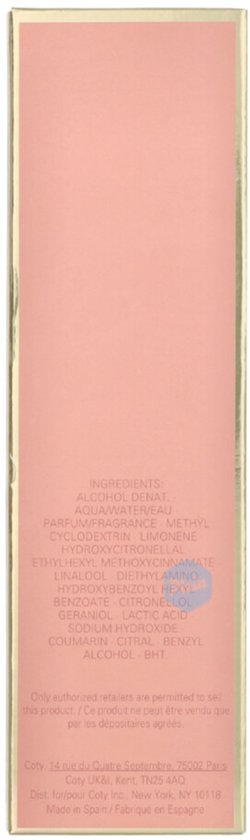 Ingrediëntenlijst op de roze verpakking van Hugo Boss Ma Vie Pour Femme.