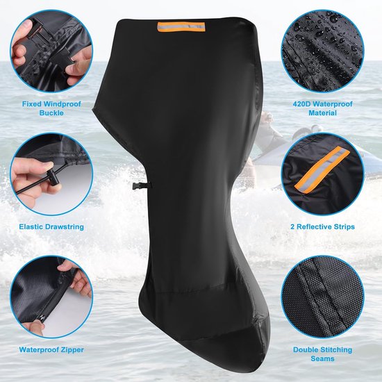 420D Oxford Volledige Buitenboordmotorhoes, Boot Motorhoes met 2 Reflecterende Strips, 2 Trekkoorden, Waterdichte Ritssluiting en Verstelbare Gesp, Geschikt voor 100-150 PK — afbeelding 3