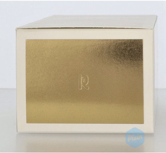 Crèmekleurige verpakking met een rechthoekig gouden paneel met een "R" reliëf.