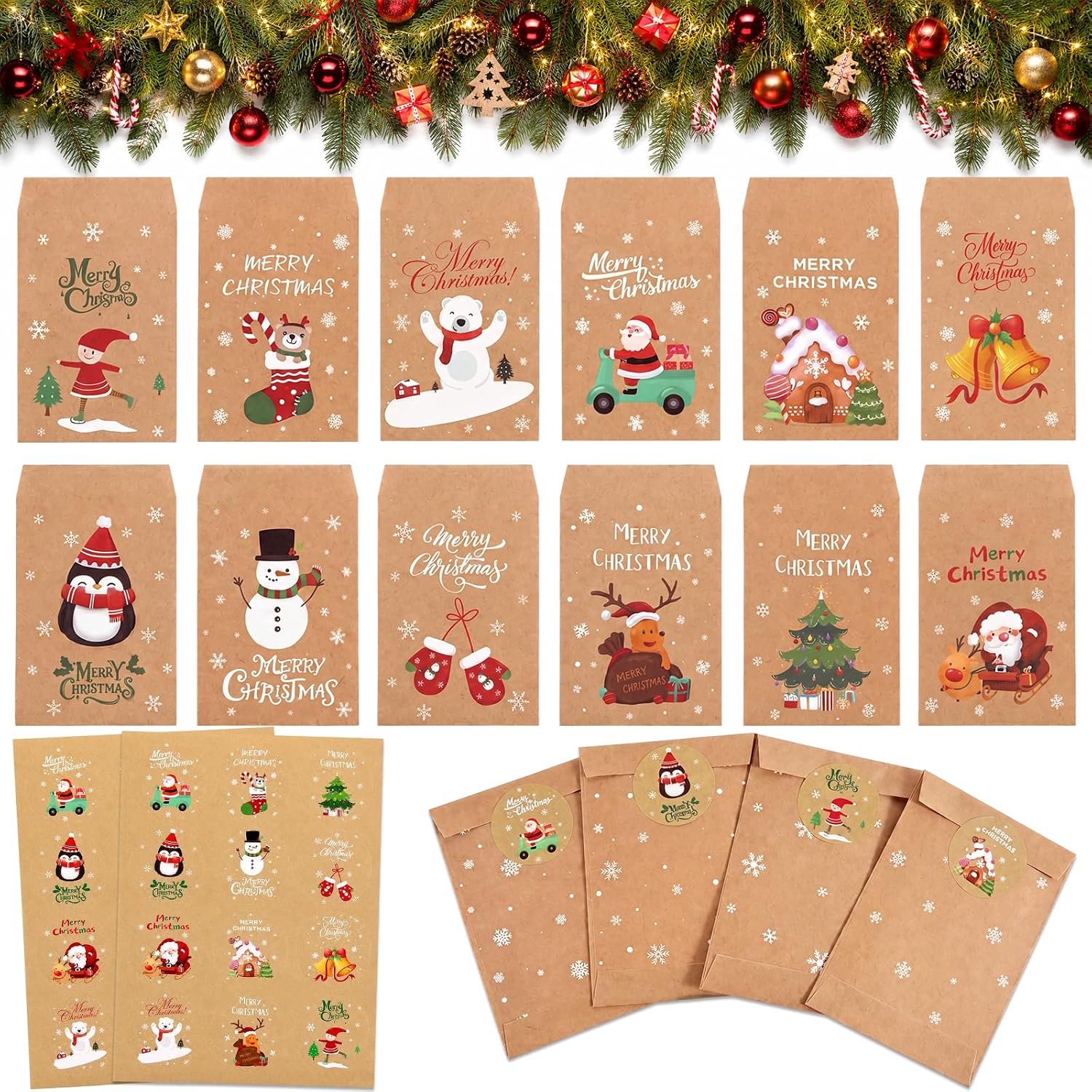 Papieren zakjes, 48 stuks, klein, Kerstmis, mini-cadeauzakjes, Kerstmis, 7,7 x 11 cm, kerstzakjes, papier met 48 stickers voor kalenderzakken, koekjeszakjes, zakjes voor snoep, kerstdecoratie