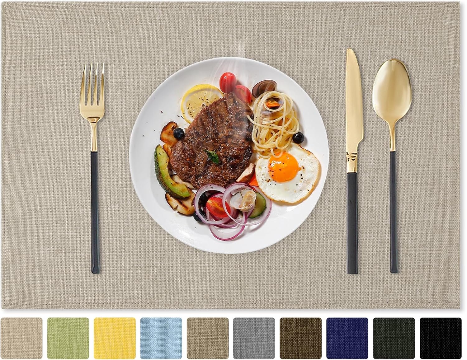 Romanstile Stoffen placemats, set van 8, hittebestendige dubbellaagse verdikte placemats, wasbare faux linnen boerderij tafelmatten voor keuken/diner/feest/buiten, beige