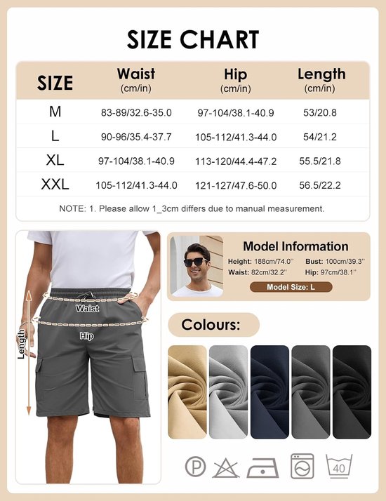 Voqeen Korte broek heren cargo shorts casual katoen trekkoord cargobroek zomer vrijetijdsbroek elastische taille stretch shorts met zakken — afbeelding 4