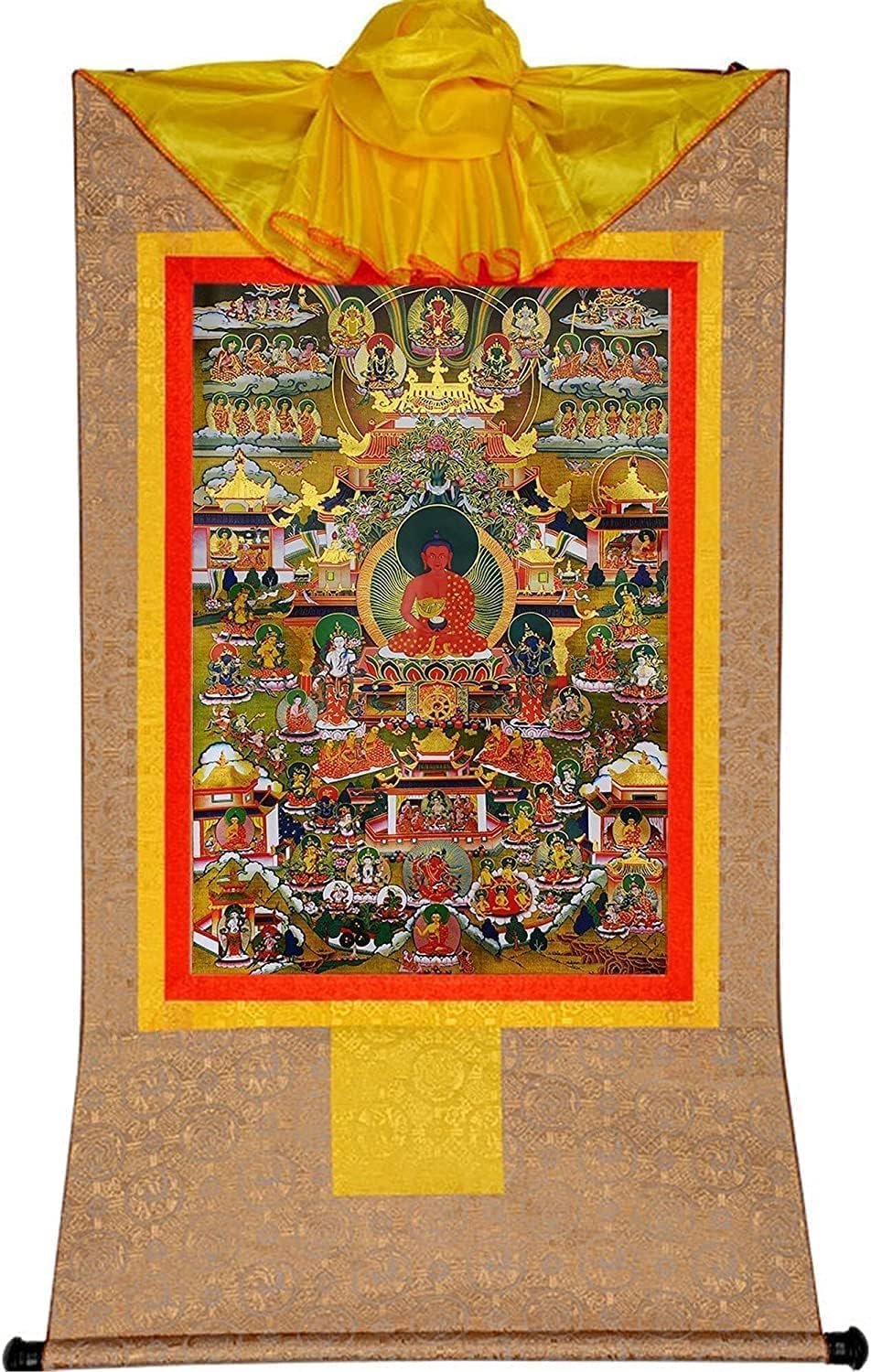 Boeddhistisch tapijt, Tibetaans Thangka, Tantrisch Tibetaans boeddhistisch Thangka muur hangen, Puur land (Elysium van het boeddhisme), Hot Stamping Brocade Boeddhistisch tapijt for Zen Home Decor Med
