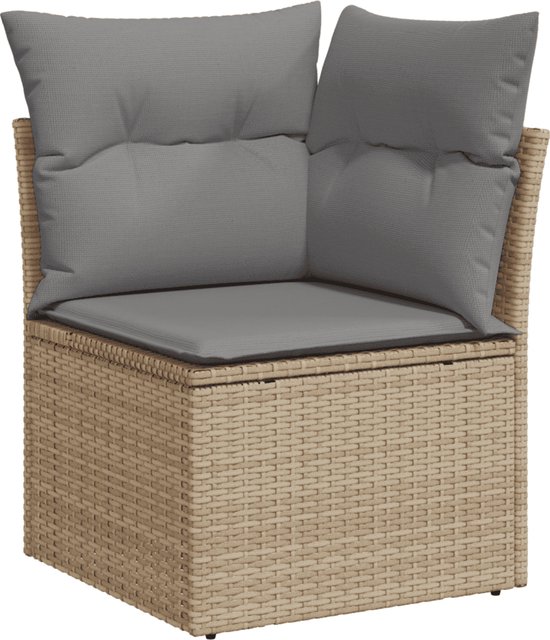 Fauteuil d'angle de jardin en polyrotin beige avec coussins gris rembourrés.