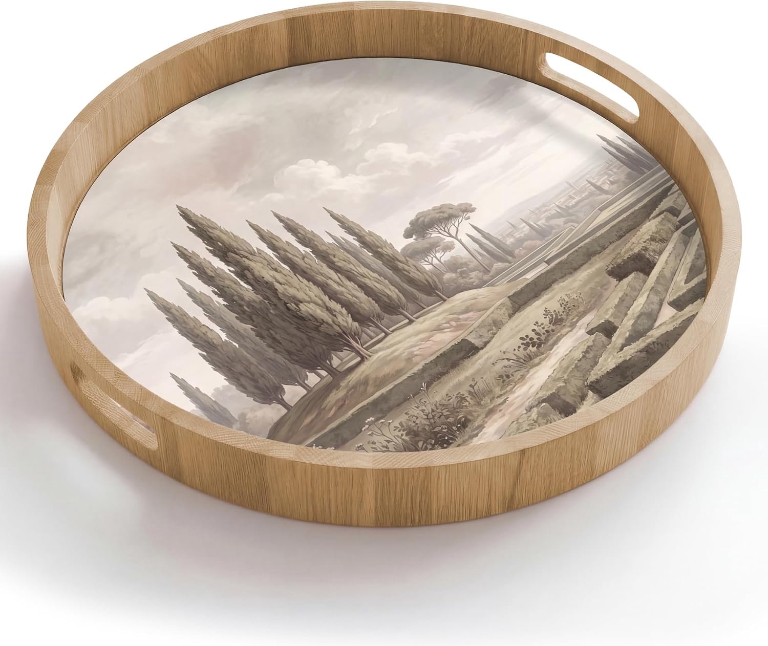Houten Dienblad Rond 50x50 cm Serveerblad Met Handgrepen Krasbestendig Hittebestendig Eikenhout Wooden Serving Tray Koffie Thee Vallei - Tuin - Natuur - Groen