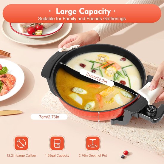 Elektrische pot 6 l, 1360 W hotpot met 5 temperatuurniveaus, Chinese hotpot elektrische pot voor braden, koken, stoven, antiaanbaklaag — afbeelding 2