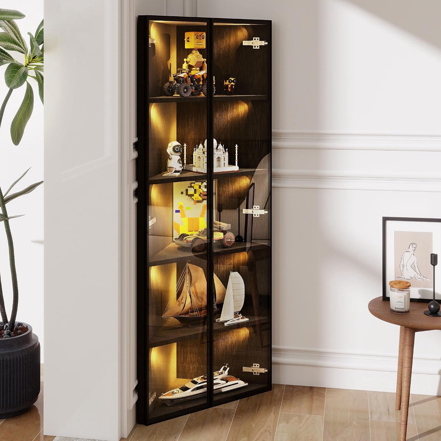 Dolamaní Vitrine 62 x 35 x 160 cm, van gehard glas, hoekvitrine met geïntegreerde lichtband, stofdichte vitrine, glazen vitrine voor woonkamer, slaapkamer, kantoor (zwart)
