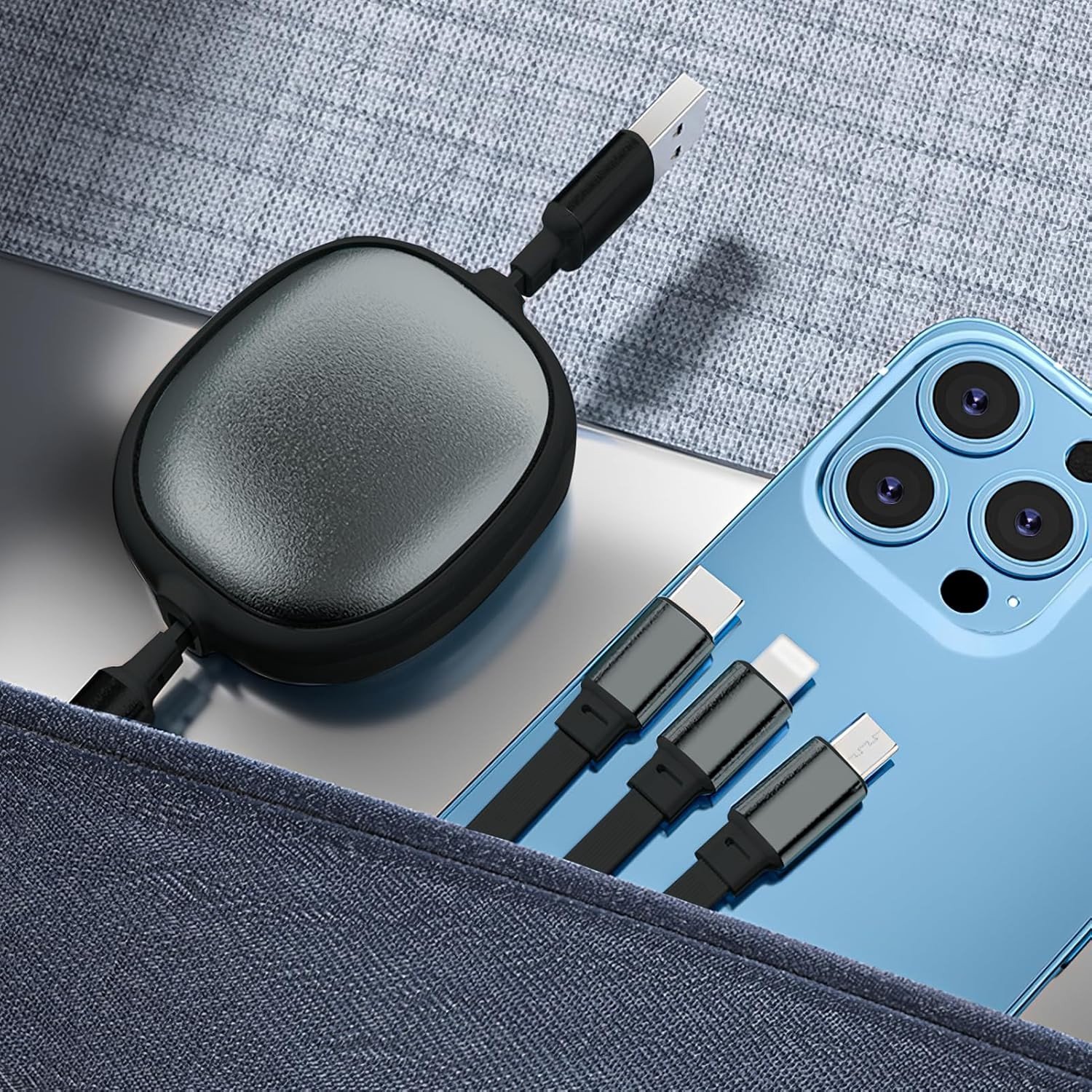 3-in-1 Retractable Oplaadkabel 100W USB-C, Snelladen & Gegevensoverdracht, Micro USB en Type C voor Android en iOS, 1.2m Kabel