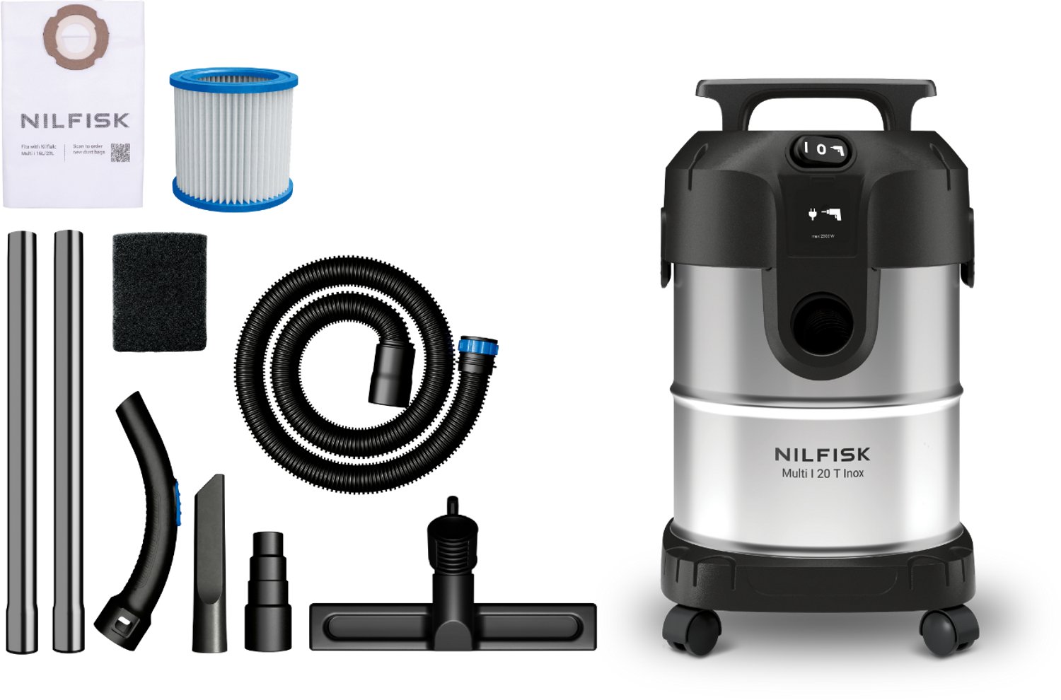 Nilfisk Multi I 20 T Inox Nat- en Droogzuiger - 1100W - 20L RVS Alleszuiger - L-Klasse Stofzuiger met Stopcontact voor Elektrisch Gereedschap & Blaasfunctie