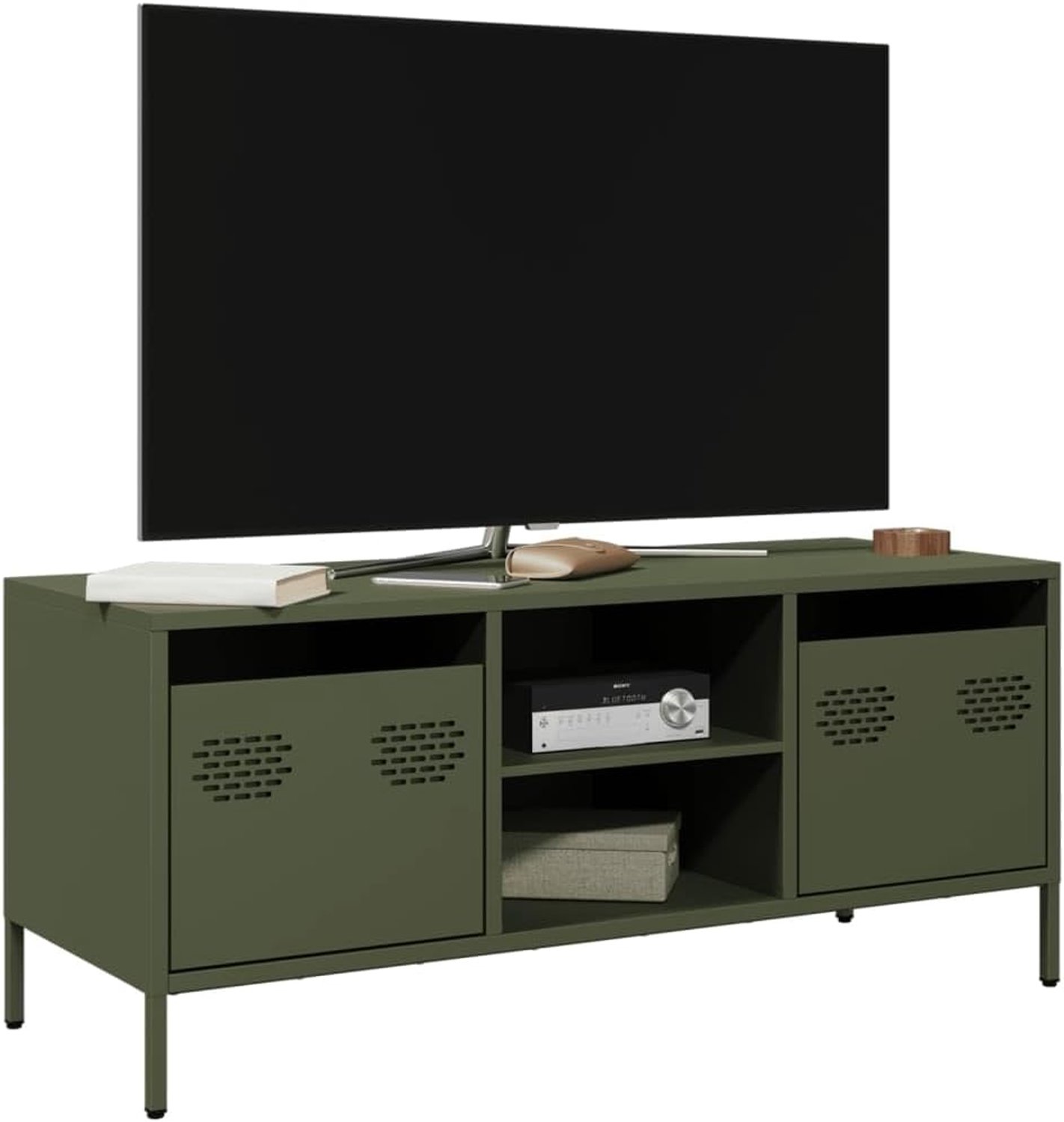 TV-kast, olijfgroen, tv-plank, tv-meubel voor woonkamer, ontvangstruimte, 101,5 x 39 x 43,5 cm, koudgewalst staal