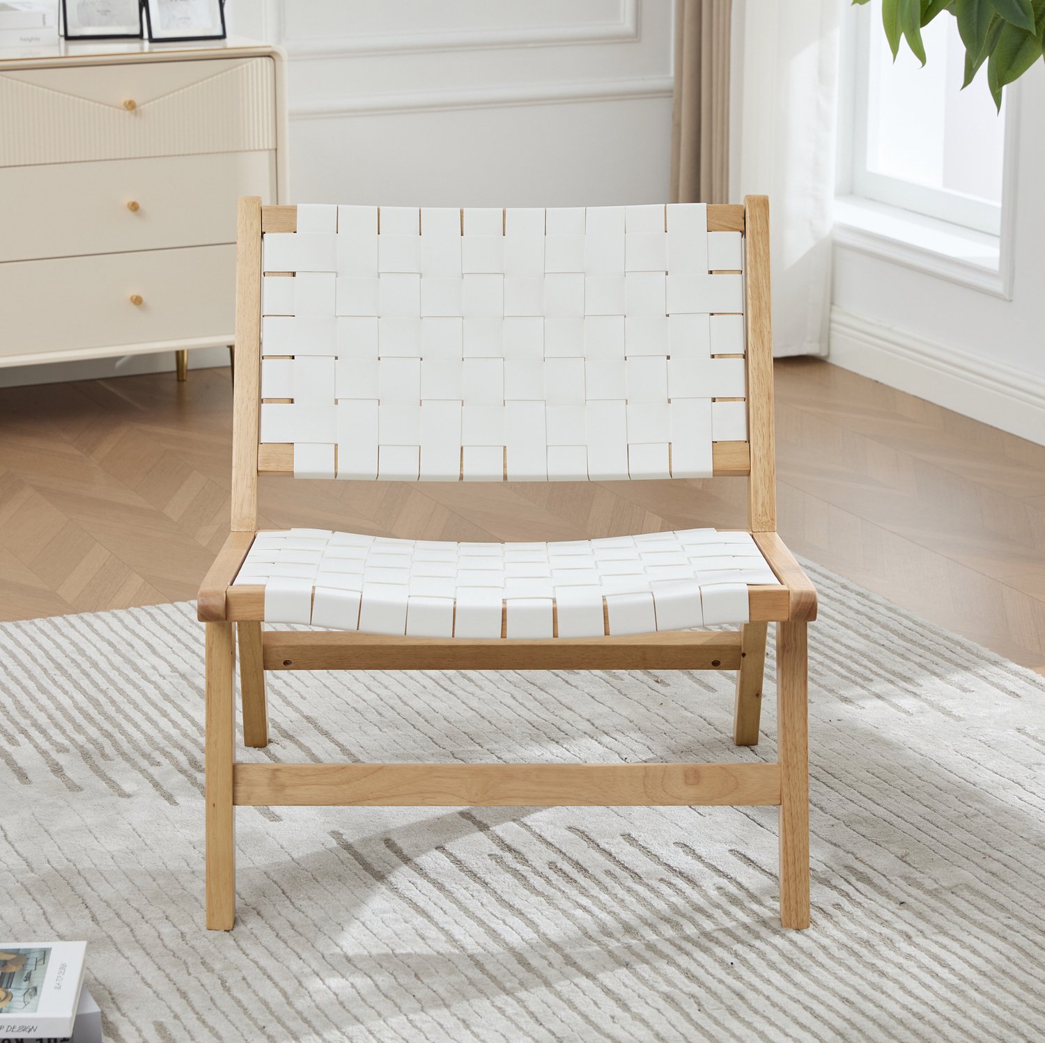 DESMIU Fauteuil 66 Bij 71 Bij 72 Cm - Wit Gevlochten Schaakbordpatroon - Armloos Voor Woonkamer En Leeshoek - Houten Frame - Binnen En Buiten