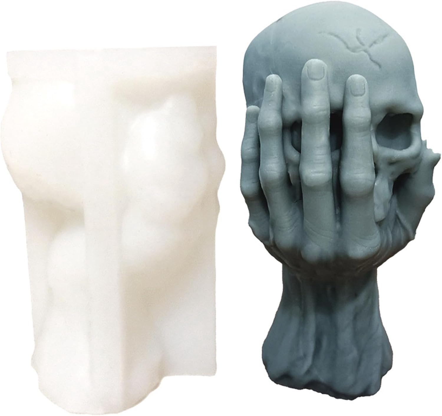 Hand houdt schedelvorm Halloween doodshoofd kaarsen vorm gietvorm schedelvorm siliconen vorm voor fondant, sojawas kaarsen, gips, epoxyhars, handwerk
