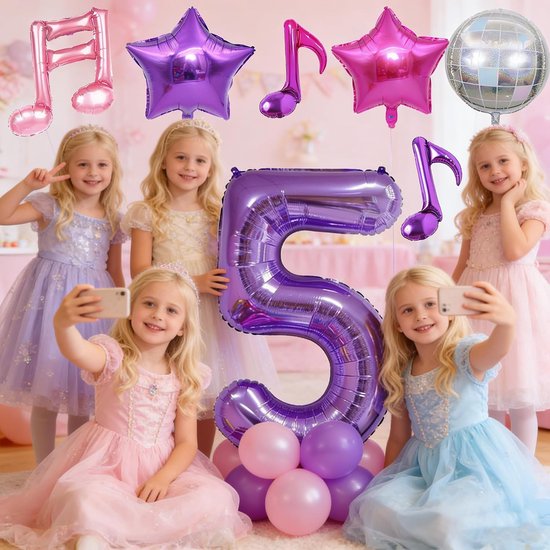 10 stuks Kpop verjaardagsdecoratie, notenbalken-ballonnen, lila, 101,6 cm, cijferfolieballon, discobal ballonnen voor Kpop zangers, magische muziek motto party benodigdheden (nummer 6) — afbeelding 2