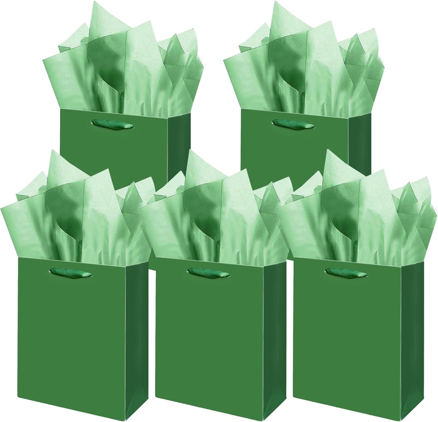 Gcardist Donkergroene cadeauzakjes met tissuepapier voor bruiloft, verjaardag, feestbenodigdheden, 20 x 11 x 24 cm, middelgrote kartonnen cadeauzakjes (20 x 4,3 x 10 inch, 5 stuks zakjes + 15 stuks