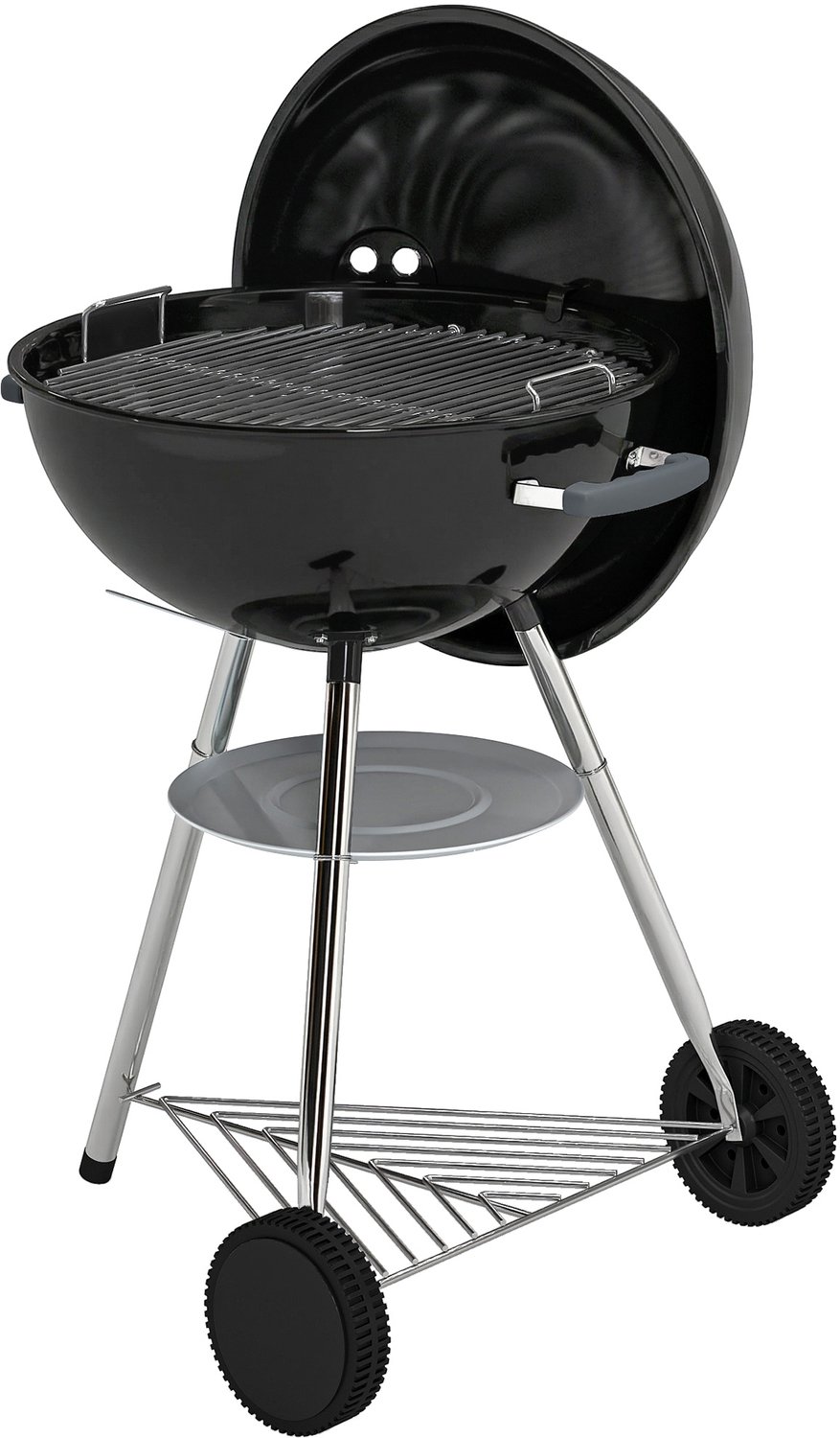Ronde houtskoolbarbecue met thermometer en onderste plank, gemaakt van metaal en roestvrij staal, 73 x 65 x 105 cm, zwart