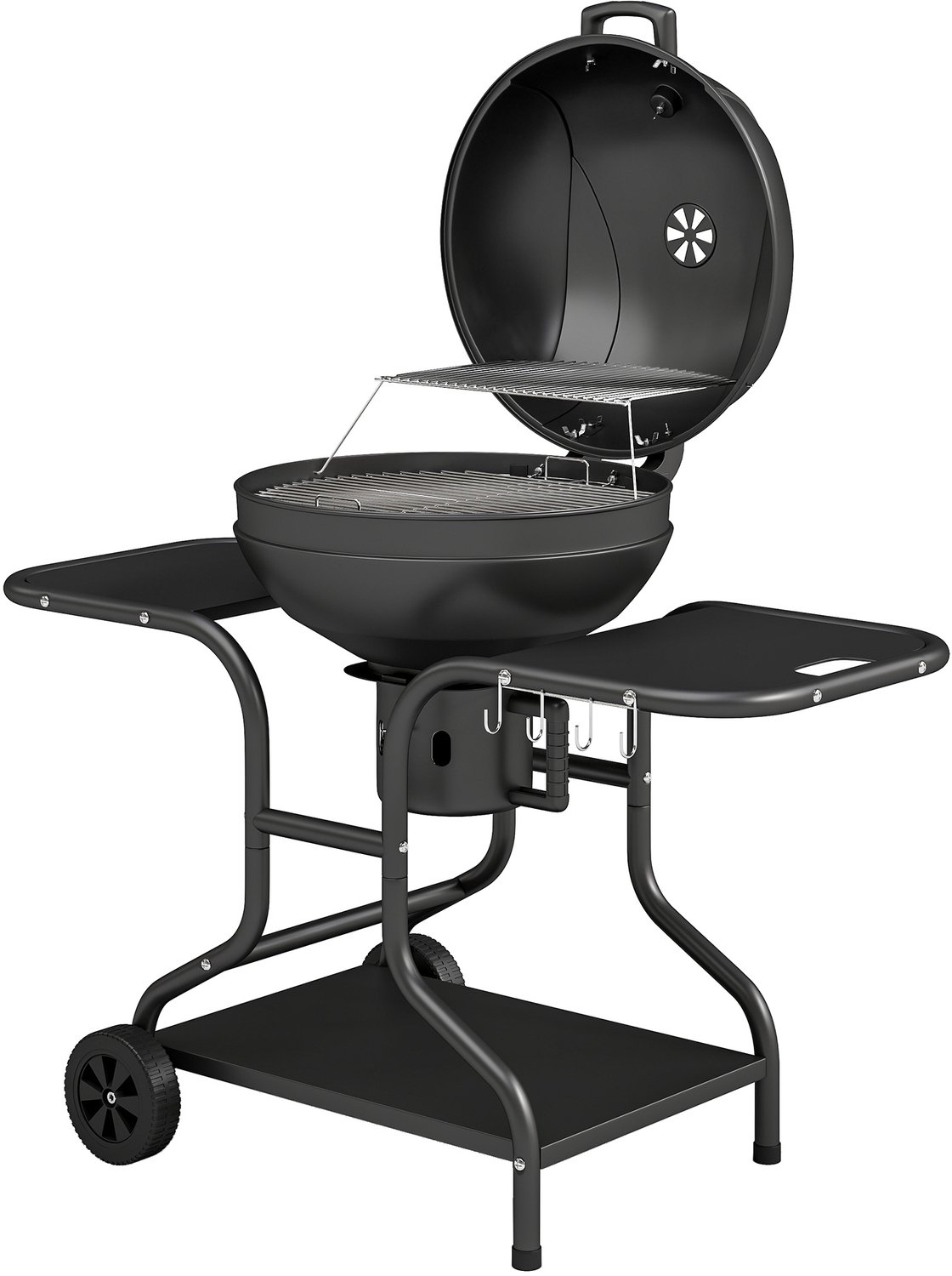 Houtskool rookbarbecue met zijplanken, deksel, thermometer en wielen, 129 x 63,5 x 106,5 cm