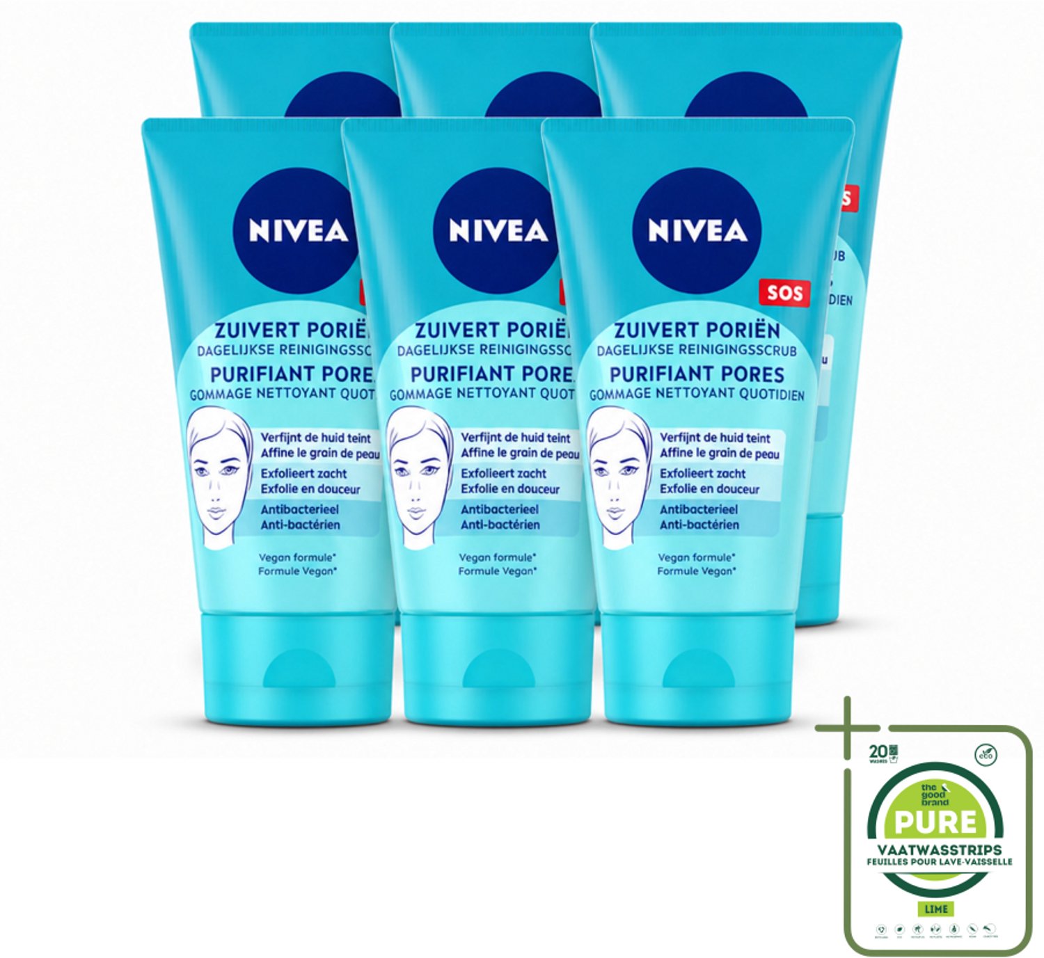 6 x NIVEA - Reinigingsscrub - Essentials Dagelijkse Scrub - Voor onzuivere huid - Met Melkzuur & Magnolia-extract - 150 ml - Grootverpakking - Vaatwasstrips - Gezichtsreiniging - Huidscrub - Melkzuur - Magnolia-extract - Onzuivere Huid
