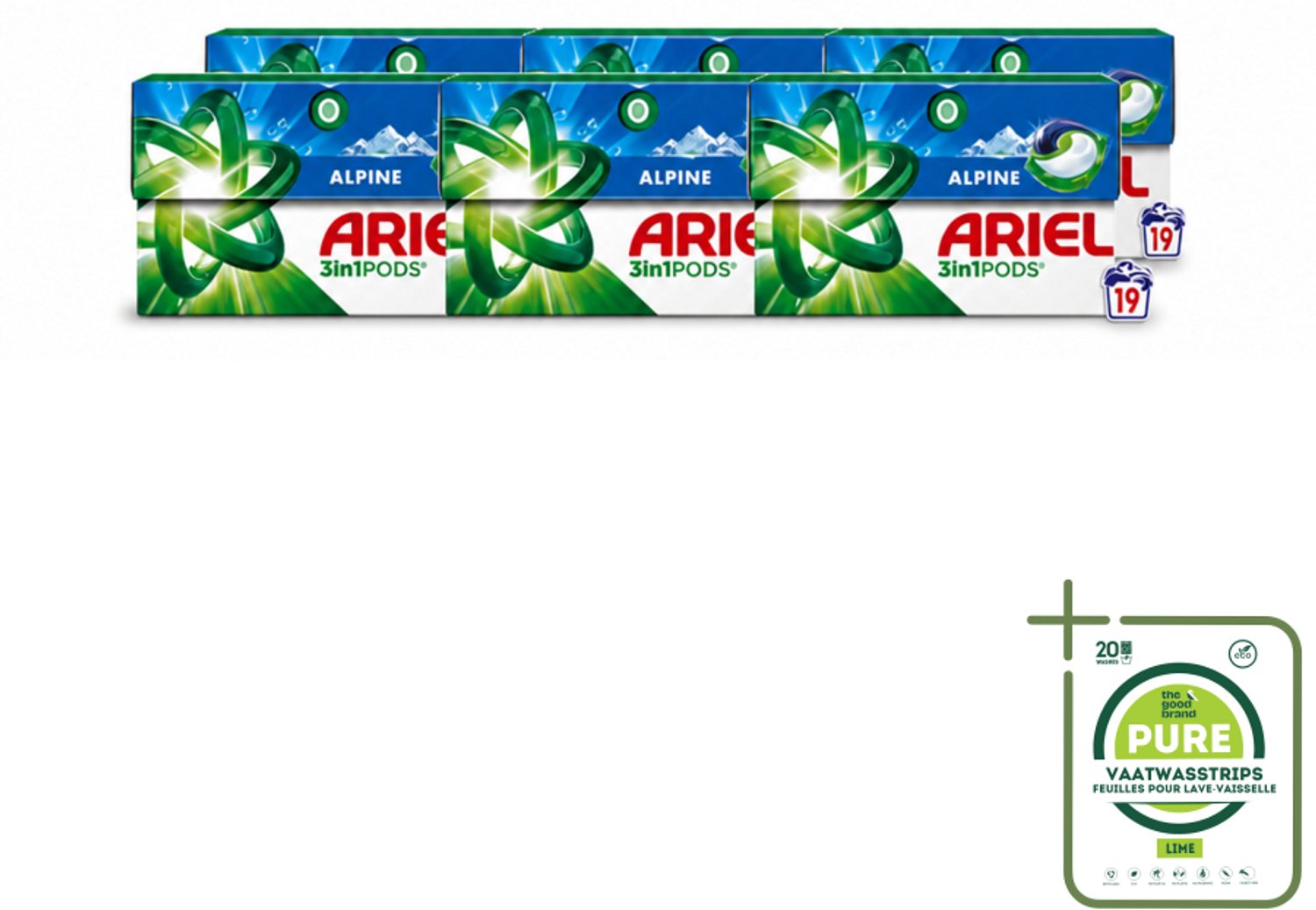 6 x Ariel - 3in1 Wasmiddel Pods - Alpine - 19 Pods - Grootverpakking - Vaatwasstrips - Wasmiddel Pod - Reiniging - Vlekverwijdering - Frisheid - Wasmachine