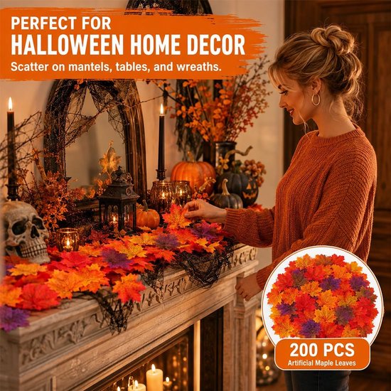 200 stuks kunstmatige esdoornbladeren, herfstbladeren, esdoornbladeren, imitatie, decoratie voor Halloween, bruiloft, klaslokaal en herfstthemafeesten — afbeelding 3